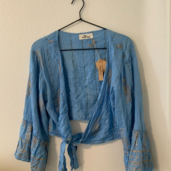 Bigg Bull Blue Boho Paisley Wrap Top Bell Sleeve Beach Cover Up NWT Vintage 70s - Picture 7 of 8